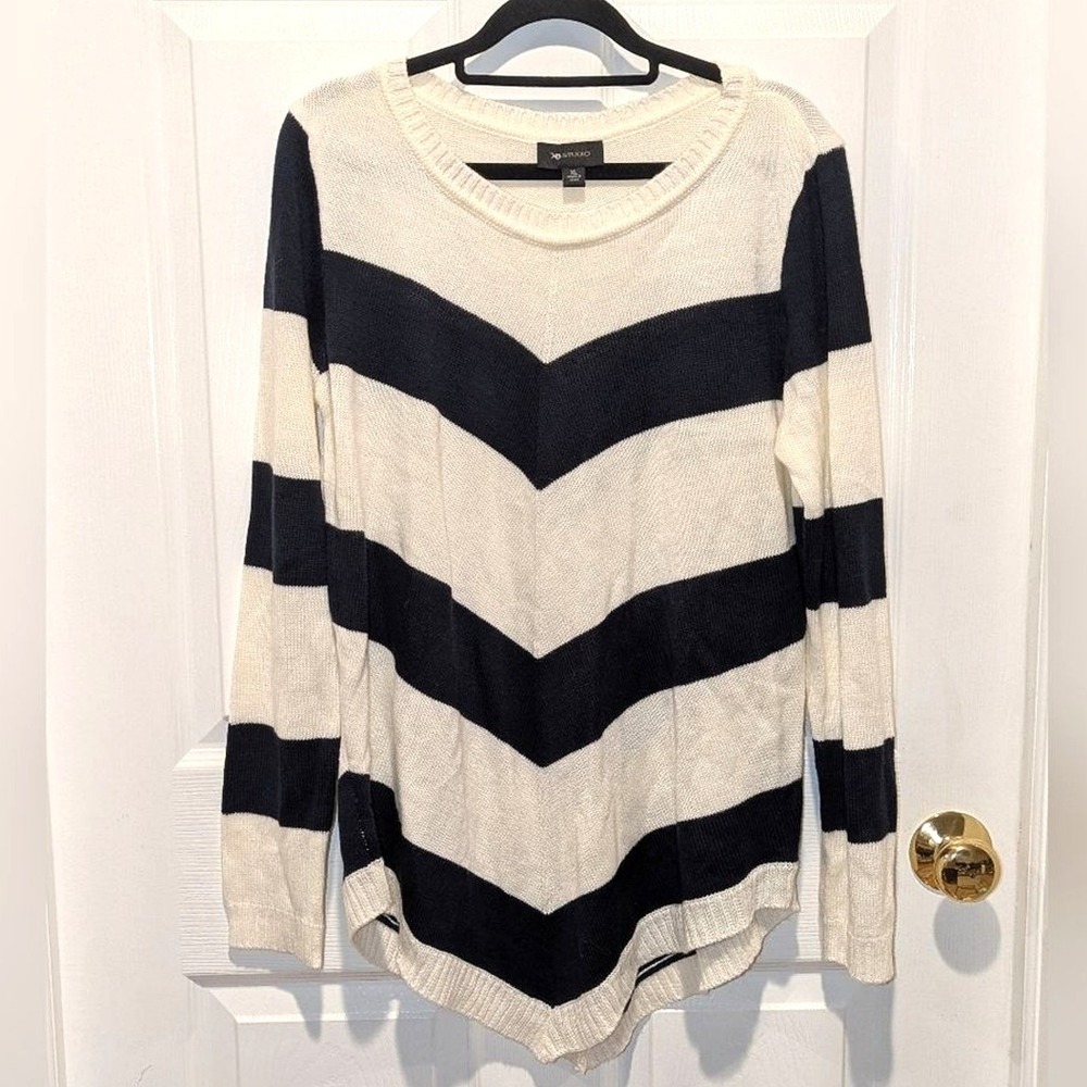 Mod Geometric Chevron Tunic Sweater Cream Black Longline AB Studio XL